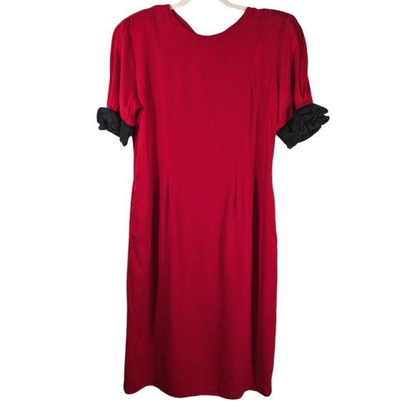 Vintage Katie Meg Red Button Back Dress Sz 9-10 Puff Sleeve Contrast Cuffs - Picture 10 of 13